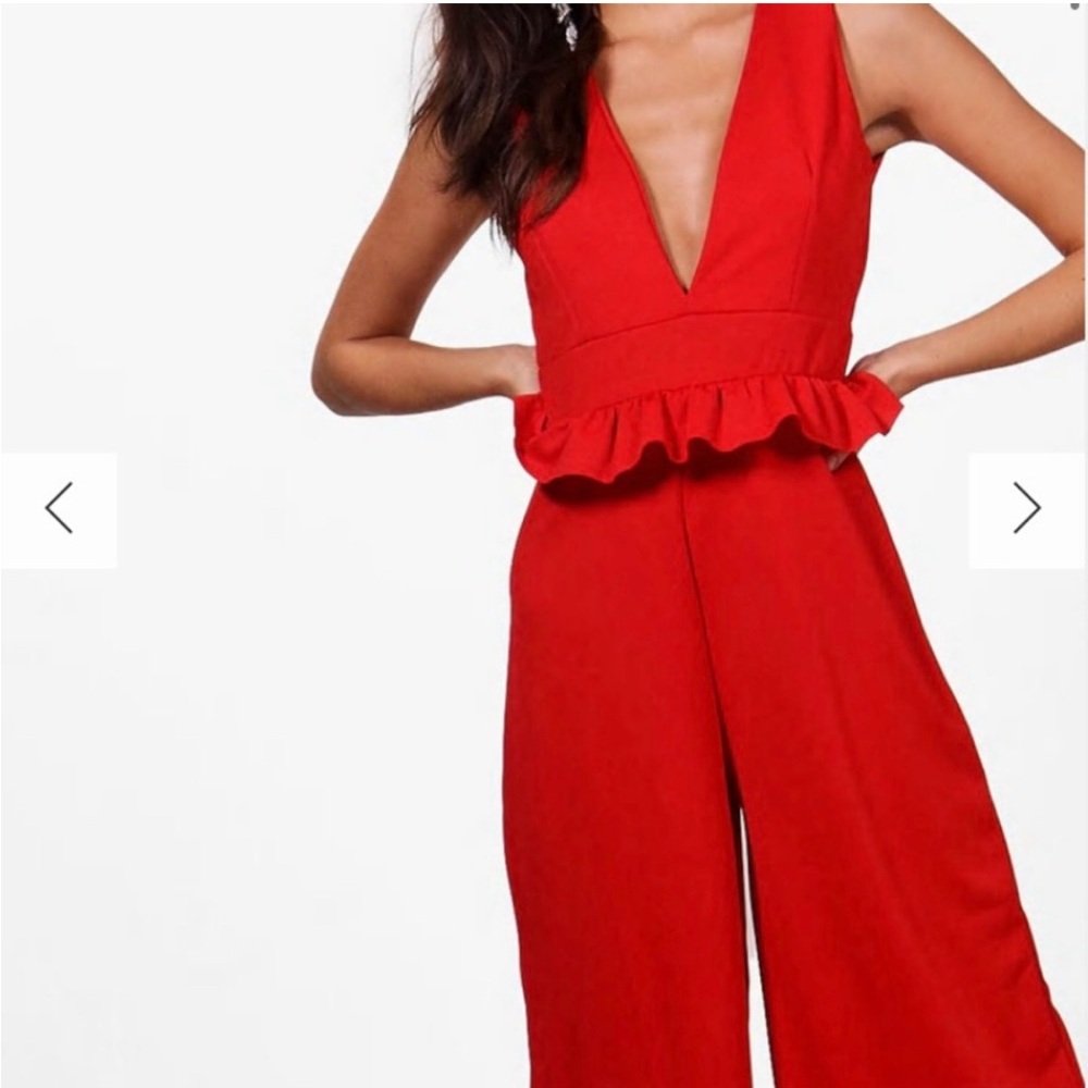 Boohoo Red Plunging V Neck Wide Leg Jumpsuit